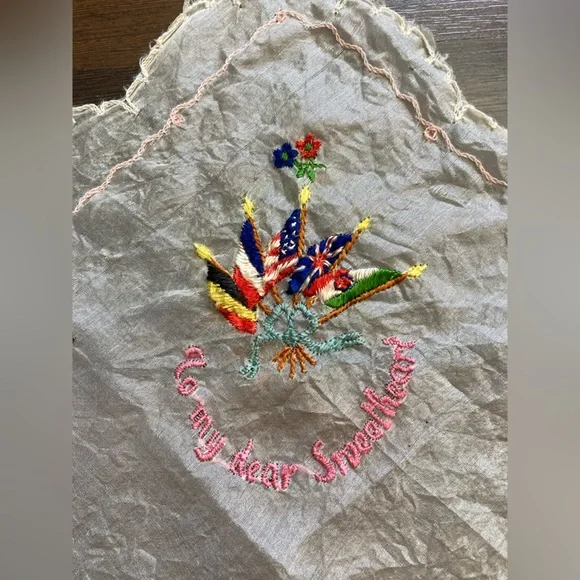 Antique WWI Embroidered Silk Hankie - WWI Flags Design - To My Dear Sweetheart